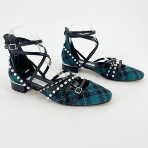 Jimmy Choo Celestia 25 Peacock Tartan Silver Studded Pearl Ballet Flat IT 37.5